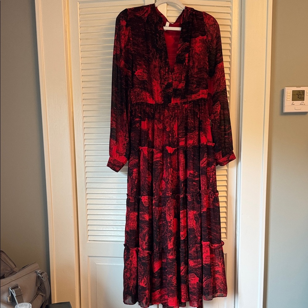 Red and Black Long Sleeve V-Neck Sundress